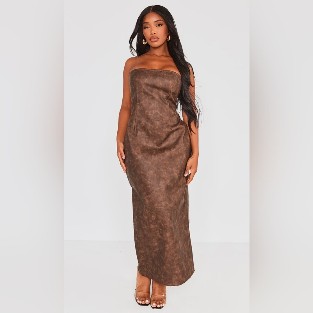 NWOT Prettylittlething Shape Brown Washed Effect Faux Leather Size 6 - Picture 2 of 14